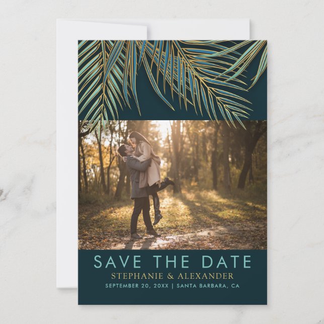 Modern Beach Palm Gold Teal Green Tropical Wedding Save The Date (Front)