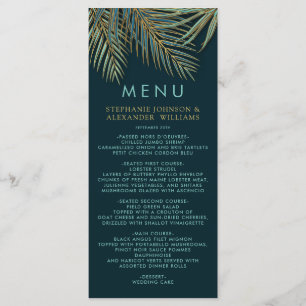 Modern Beach Palm Gold Teal Tropical Wedding Menu