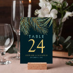 Modern Beach Palm Gold Teal Tropical Wedding Table Number<br><div class="desc">For our tropical beach wedding designed we envisioned a serene sea-side glamorously adorned for a tropical chic wedding with no luxurious detail overlooked. We see green palm fronds waving in the breeze which inspires the dark teal, blue and sea green colors with a touch of yellow. The design is modern...</div>