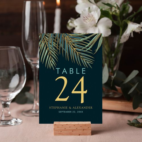 Modern Beach Palm Gold Teal Tropical Wedding Table Number