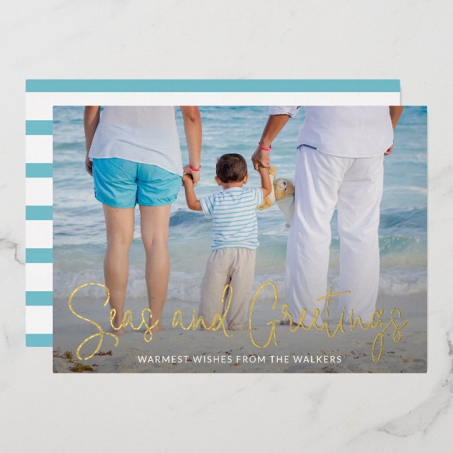 Modern Beach Photo Elegant Christmas Foil Holiday Card (Front/Back)