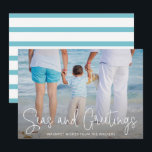 Modern Beach Photo Elegant Christmas Holiday Card<br><div class="desc">Send out holiday cheer with this nautical themed flat Christmas card featuring a simple design with the words "Seas and Greetings" in an elegant thin white script,  along with your message over your favorite horizontal beach vacation photo.  The backside has aqua and white stripes.</div>