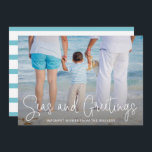 Modern Beach Photo Elegant Christmas Holiday Card<br><div class="desc">Send out holiday cheer with this nautical themed flat Christmas card featuring a simple design with the words "Seas and Greetings" in an elegant thin white script,  along with your message over your favorite horizontal beach vacation photo.  The backside has aqua and white stripes.</div>