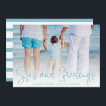 Modern Beach Photo Elegant Christmas Holiday Card<br><div class="desc">Send out holiday cheer with this nautical themed flat Christmas card featuring a simple design with the words "Seas and Greetings" in an elegant thin aqua script,  along with your message over your favorite horizontal beach vacation photo.  The backside has aqua and white stripes.</div>