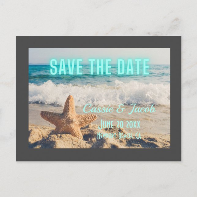 Modern Beach Scene Gray Border Save the Date Announcement Postcard (Front)