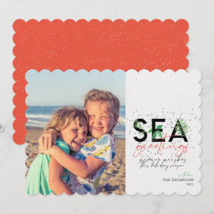 Modern Beach Sea Greetings Coral Christmas Photo  Holiday Card