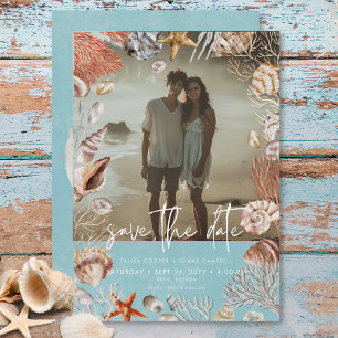 Modern Beach Seashell Frame Photo Aqua Wedding Save The Date