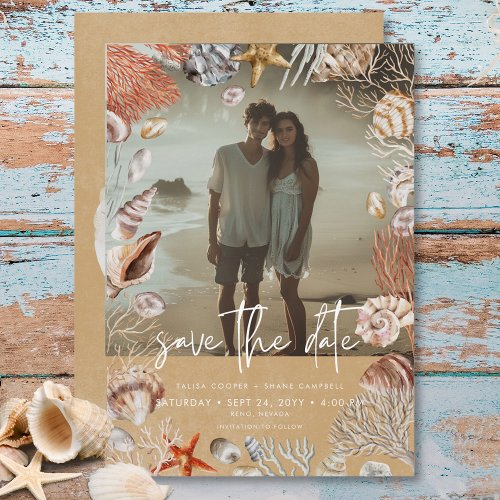 Modern Beach Seashell Frame Photo Sand Wedding Save The Date