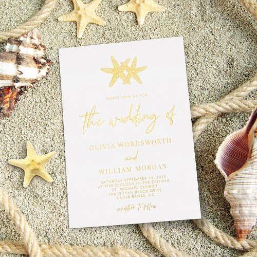 Modern Beach Starfish Coastal Script Wedding Foil Invitation