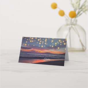 Modern Beach String Lights Summer Wedding Place Card
