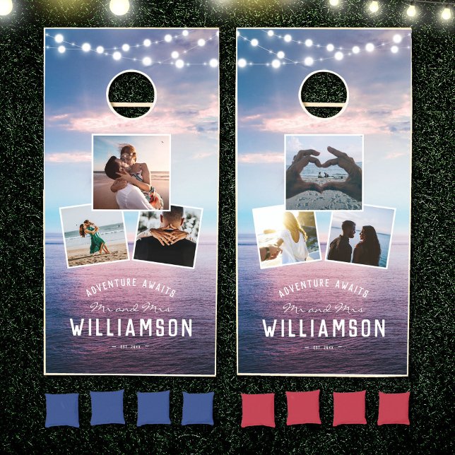 Modern Beach Summer Wedding Chic Photo Collage Cornhole Set (Creator Uploaded)
