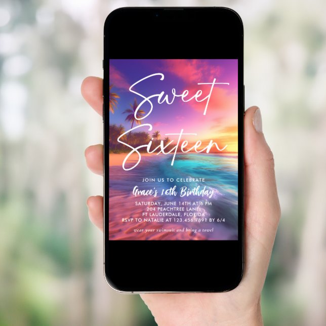 Modern Beach Sunset Sweet 16 Invitation (Front Digital)