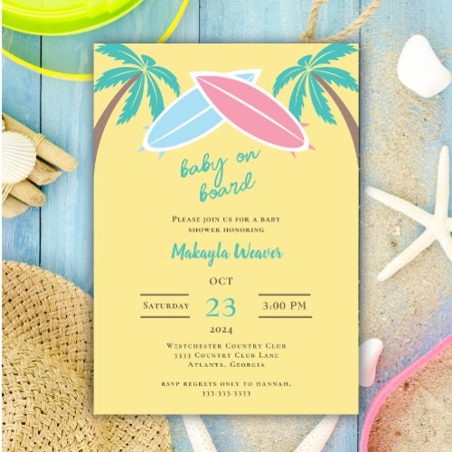 modern beach surf palm tree Baby on board Shower Invitation