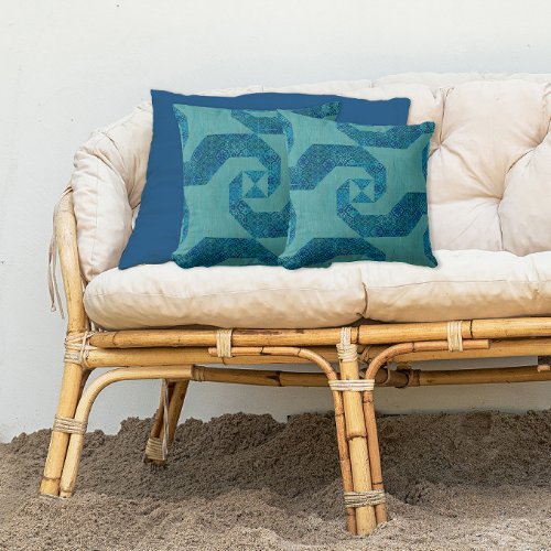 Modern Beach Teal Turquoise Wave Pattern and Wood Throw Pillow