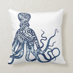 Modern Beach Watercolor Shibori Pattern Octopus Throw Pillow