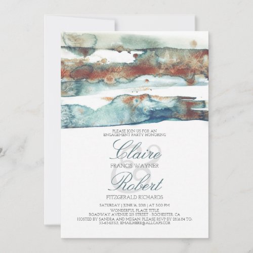 Modern Beach Watercolor Splash Engagement Party Invitation - Modern watercolor swash and vintage sea foam colors scheme - seaside engagement party invitation. Look closer and discover - the design is hiding many underwater treasures: starfish couple, sand dollar, tropical fish, seashells and ocean corals.