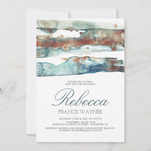 Modern Beach Watercolor Swash Baby Shower Invitation - Modern watercolor splash and vintage sea foam colors scheme - seaside baby shower invitation. Look closer and discover - the design is hiding many underwater treasures: starfish couple, sand dollar, tropical fish, seashells and ocean corals.