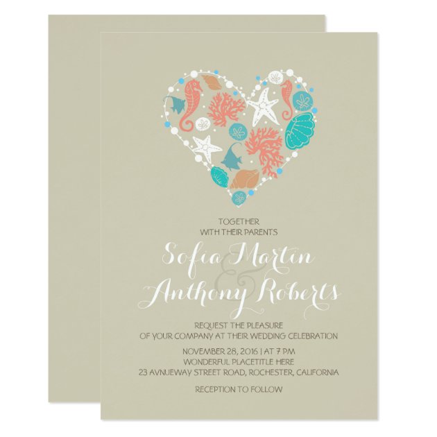 Modern Beach Wedding Invitation Sea Heart