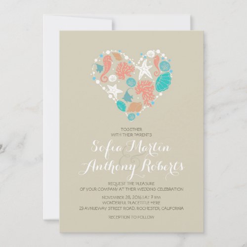 modern beach wedding invitation sea heart 5" x 7" invitation card