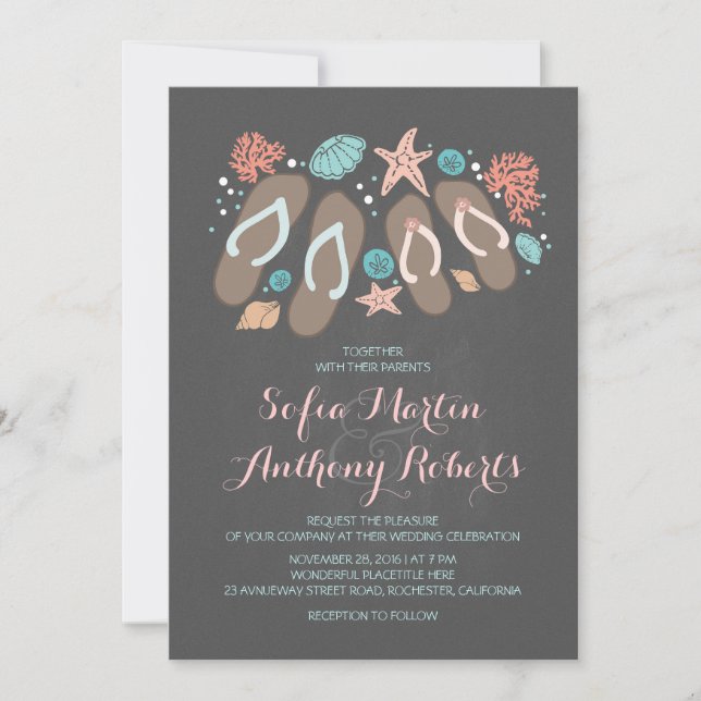 modern beach wedding invitation with flip flops (Front)