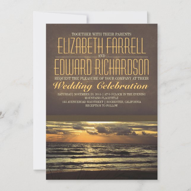 Modern beach wedding invitations with sunset sea (Front)