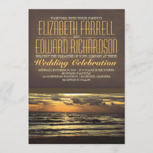 Modern beach wedding invitations with sunset sea