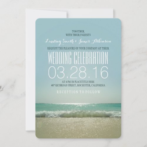 Modern beach wedding invitations with teal sea