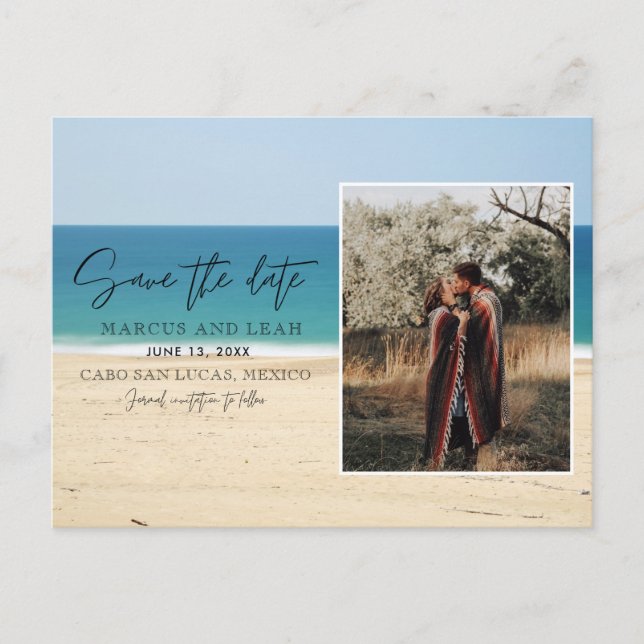 Modern Beach  Wedding Photo Save the Date Postcard (Front)