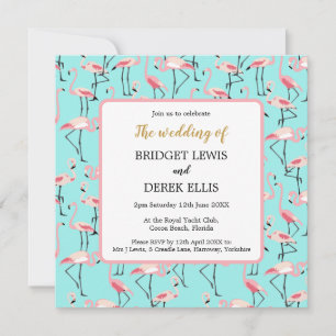 Modern Beach Wedding Pink Blue Flamingo Invitation