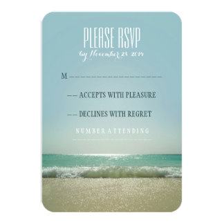 Modern beach wedding RSVP cards with blue sea