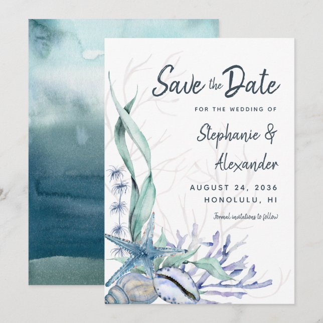 Modern Beach Wedding Watercolor Blue Save The Date (Front/Back)