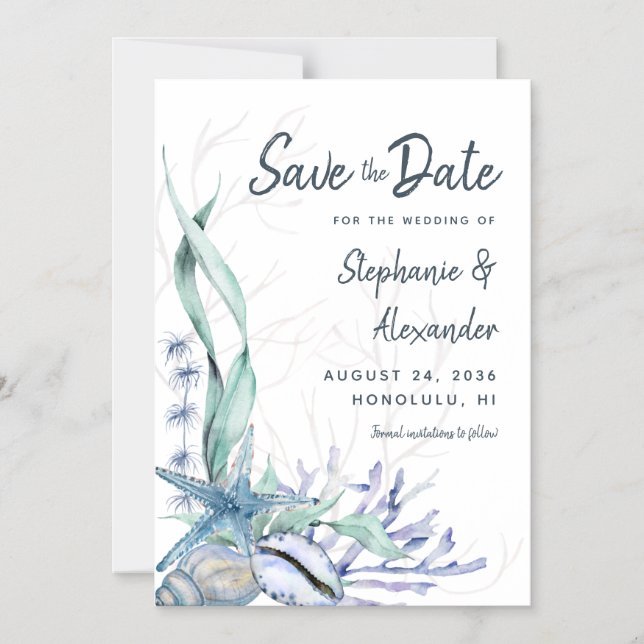 Modern Beach Wedding Watercolor Blue Save the Date Magnetic Invitation (Front)