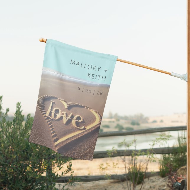 Modern Beach with Heart Vellum Style Wedding House Flag (Insitu (Back))