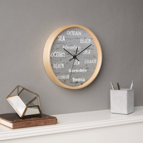 Modern beach wood ocean script family name clock