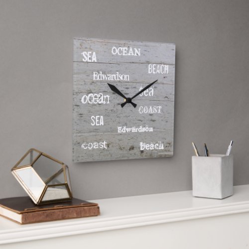 Modern beach wood ocean script family name square wall clock