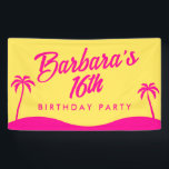 Modern Beach Yellow Pink Script 16th Birthday Banner<br><div class="desc">Another bold birthday party banner by JessicaAmber. This classy banner features a hot pink and yellow color scheme. It is paired with customisable lettering, laying out the birthday person's name and age. The stand-out features are the girly aesthetic, large headline, and beach palm trees at the bottom. Browse my collection...</div>