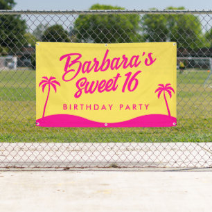 Modern Beach Yellow Pink Script Sweet 16  Banner