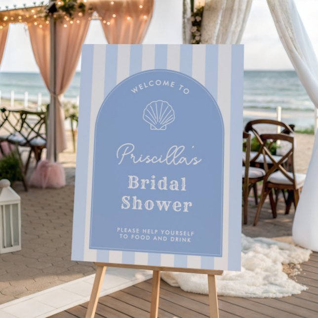 Modern Beachy Bridal Shower Welcome Sign (Modern blue and white coastal bridal shower welcome sign with arch and hand-drawn seashell stripes)