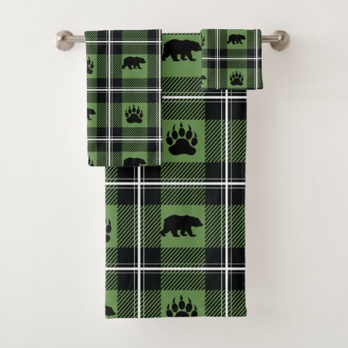 Modern Bear and Paw Black Green  White Flannel Bath Towel Set