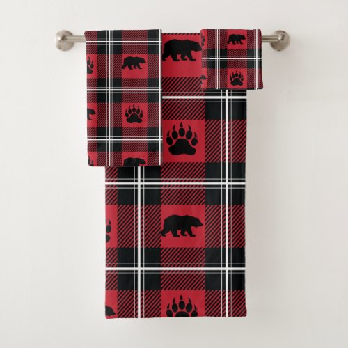 Modern Bear and Paw Black Red  White Flannel Bath Towel Set