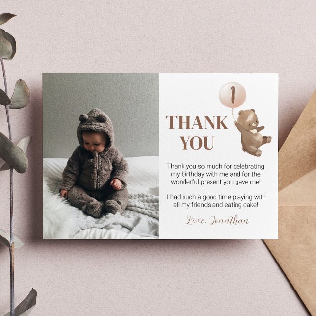 Modern Bear Balloon Birthday Photo Thank You Card (Creator Uploaded)