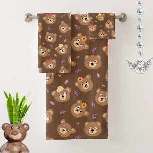 Modern Bear Faces on Brown Bath Towel Set