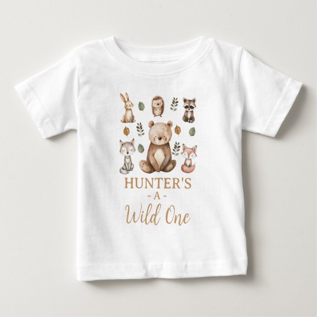 Modern Bear Woodland Wild One 1st Birthday Baby T-Shirt (Front)