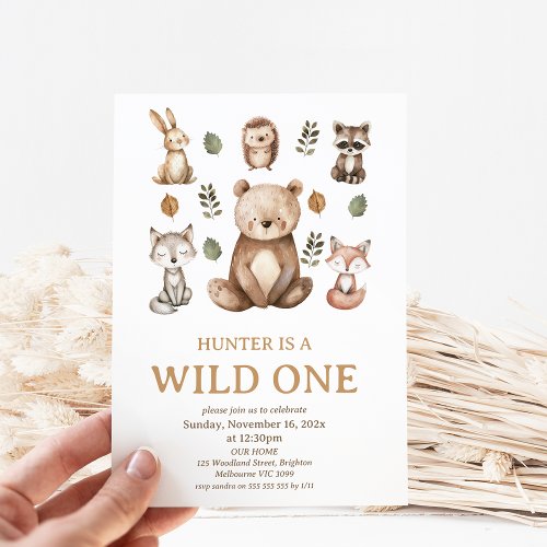 Modern Bear Woodland Wild One 1st Birthday Invitation