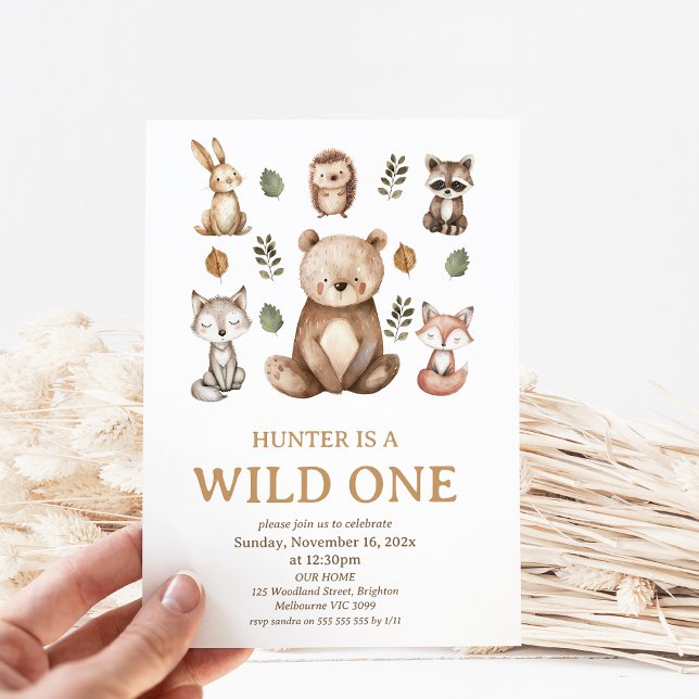 Modern Bear Woodland Wild One 1st Birthday Invitation (Bear Woodland Wild One 1st Birthday Party Invitation, Woodland Wild One Birthday Invitation, Modern)