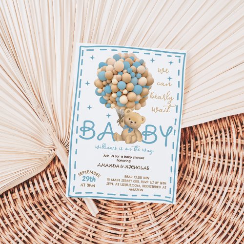 Modern Bearly Wait Blue Bear baby boy shower Invitation