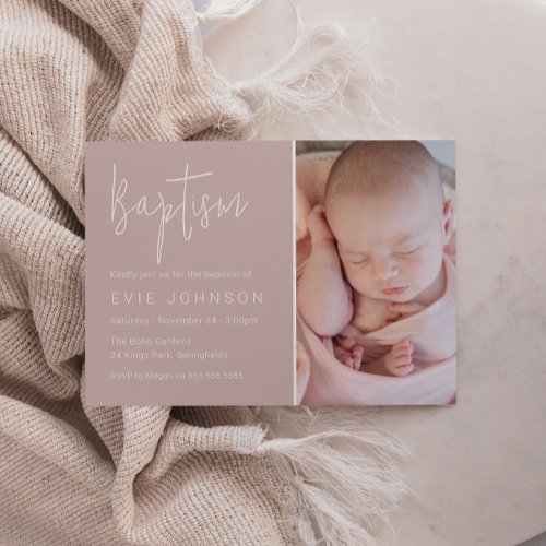 Modern Beautiful Baby Baptism Blush Photo Invitation