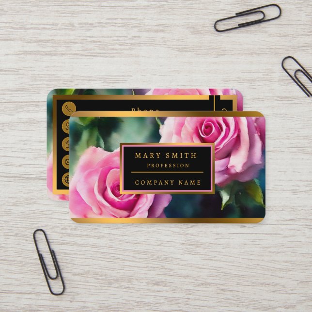 Modern Beautiful Watercolor Pink Roses Collection Business Card (Front/Back In Situ)
