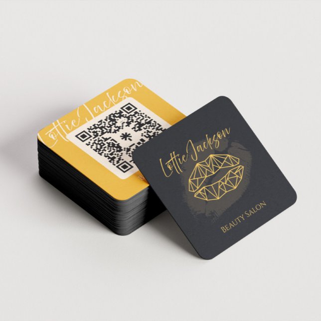 Modern Beauty Custom Business Cards (Black and golden tones beauty industry custom business card design, square shaped.)