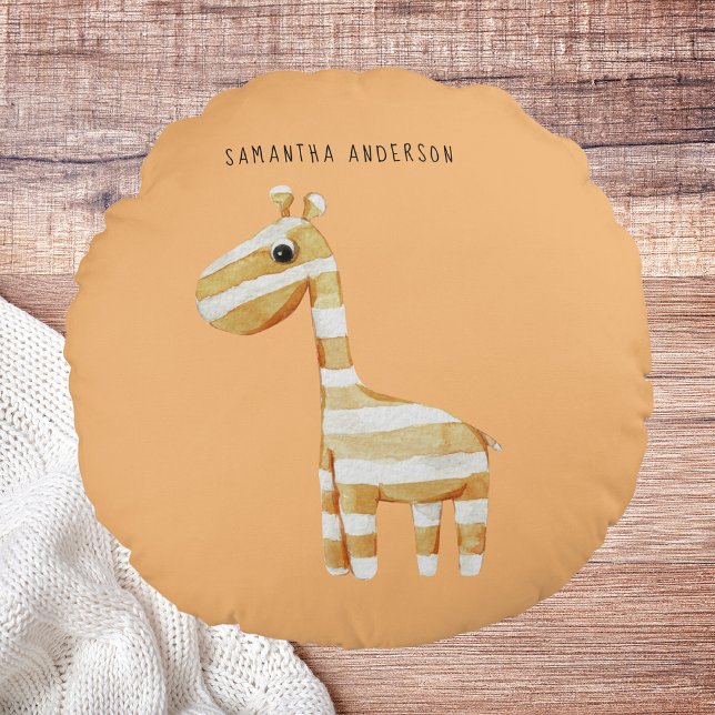 Modern Beauty Orange Giraffe With Name Round Pillow (Creator Uploaded)